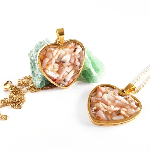 Naszyjnik różowy opal w żywicy złote serce stal chirurgiczna Sparkles pink