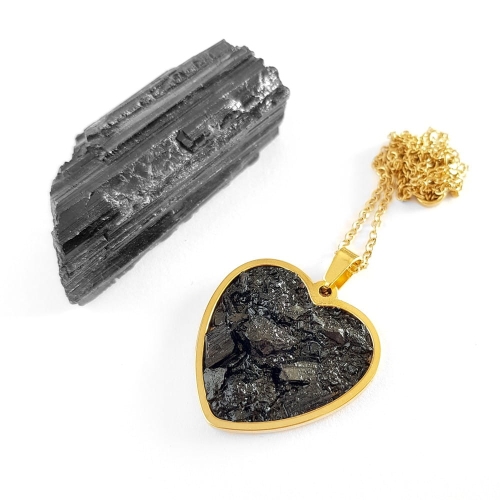 Naszyjnik czarny turmalin w żywicy złote serce stal chirurgiczna Sparkles black