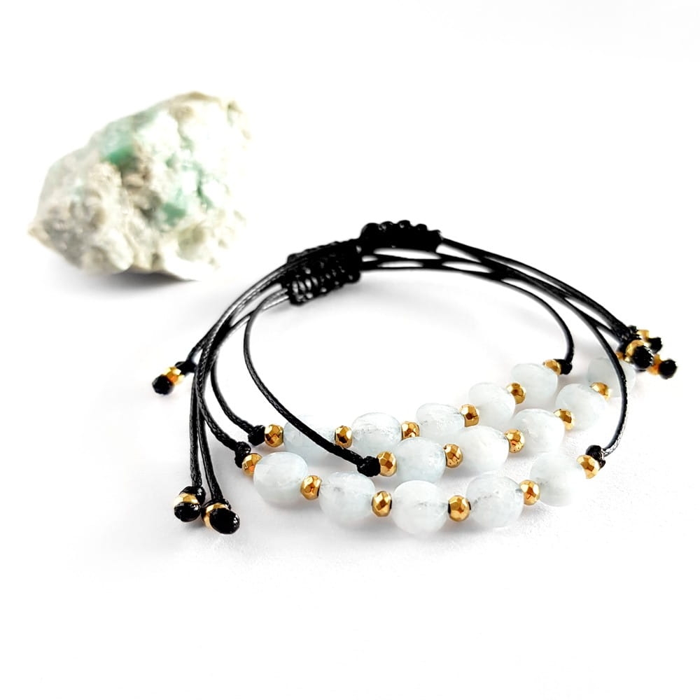 Bransoletka akwamaryn monetki i hematyt na czarnym sznurku