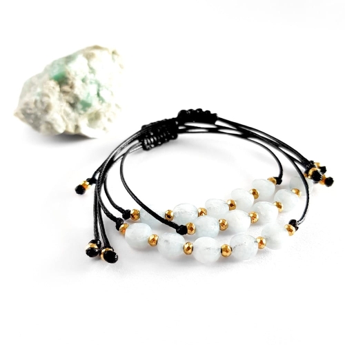 Bransoletka akwamaryn monetki i hematyt na czarnym sznurku