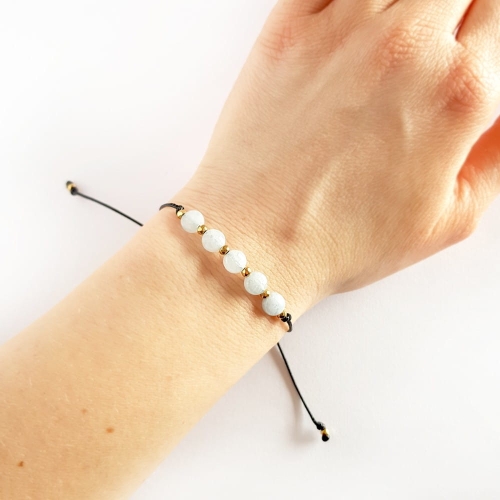 Bransoletka akwamaryn monetki i hematyt na czarnym sznurku