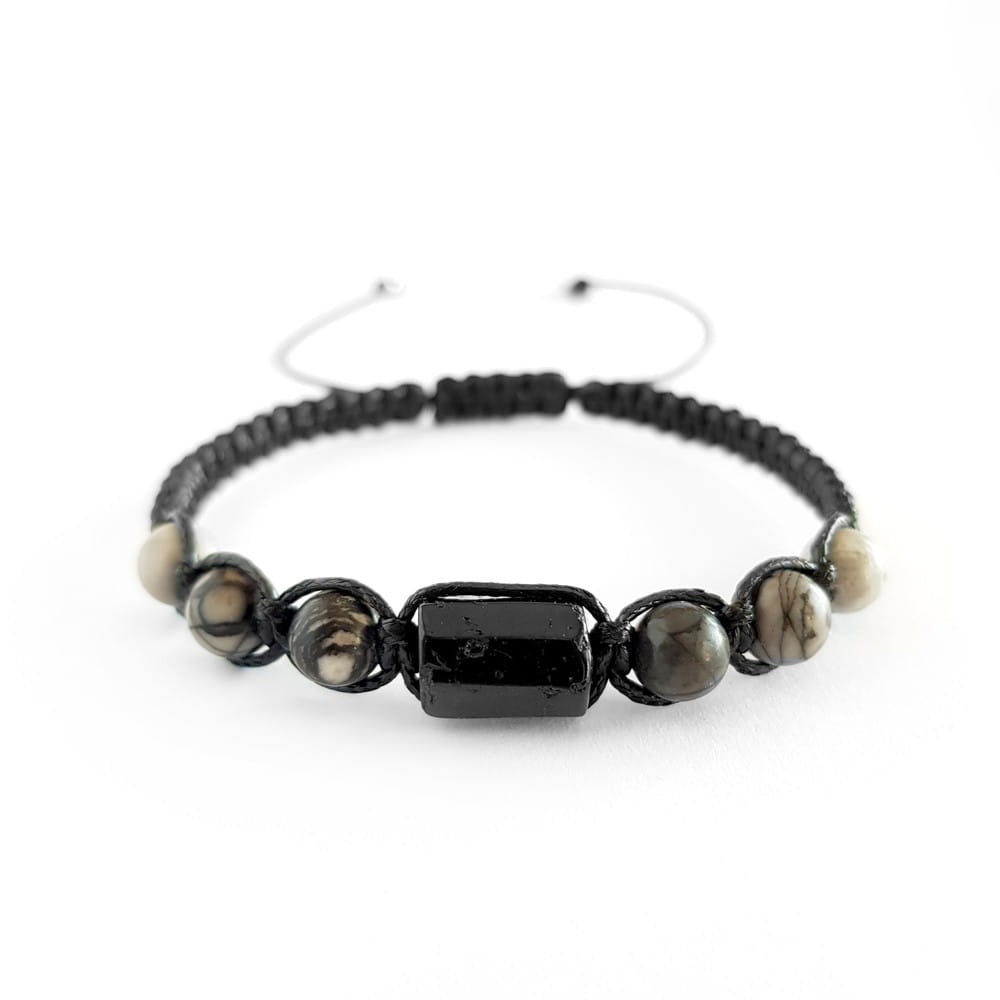 Męska bransoletka makramowa czarny turmalin i szary jaspis