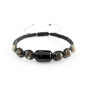 Męska bransoletka makramowa czarny turmalin i szary jaspis