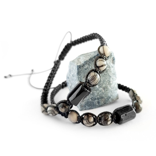 Męska bransoletka makramowa czarny turmalin i szary jaspis