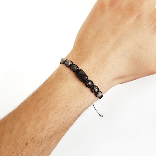 Męska bransoletka makramowa czarny turmalin i szary jaspis