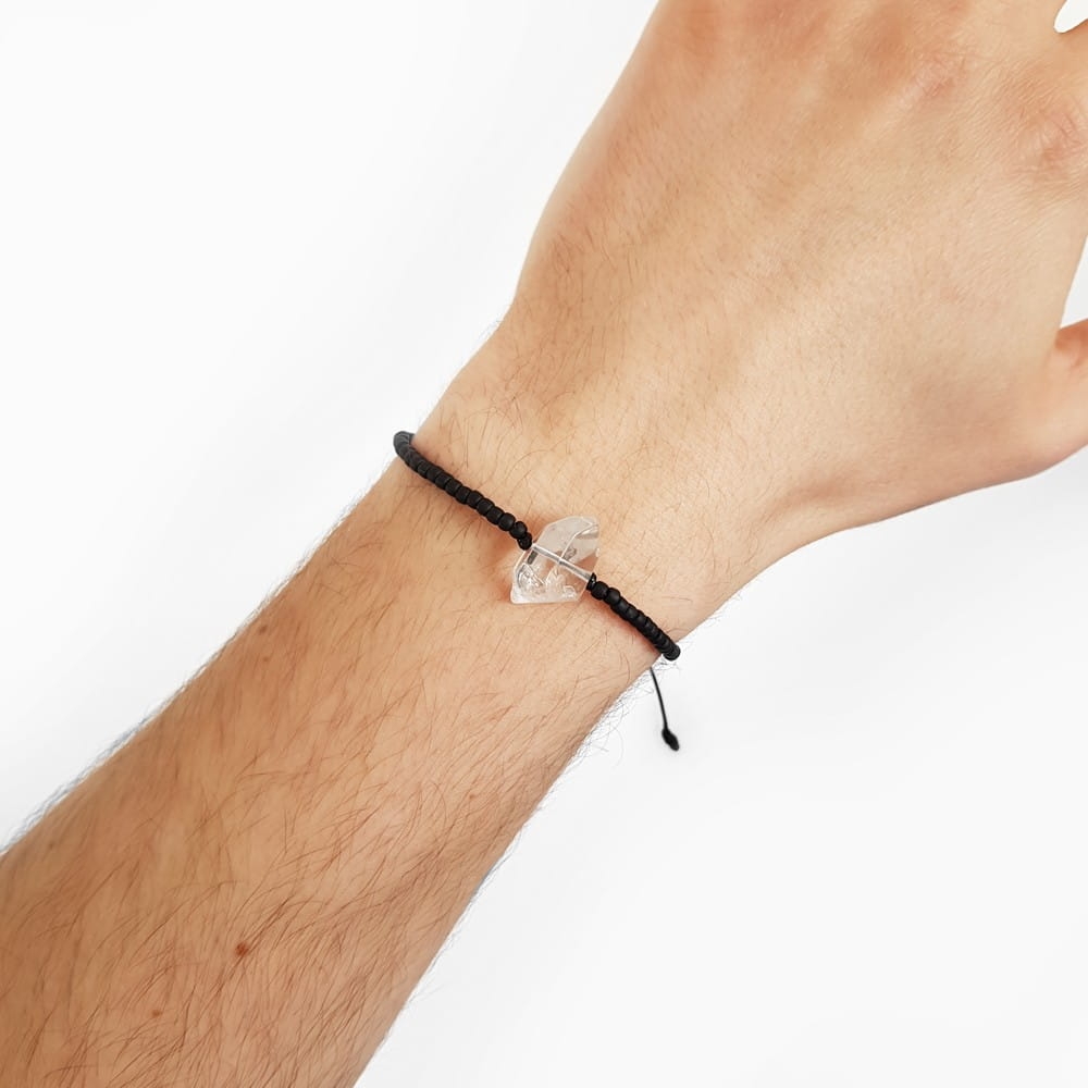 Męska bransoletka na sznurku kryształ górski Little crystal polished black