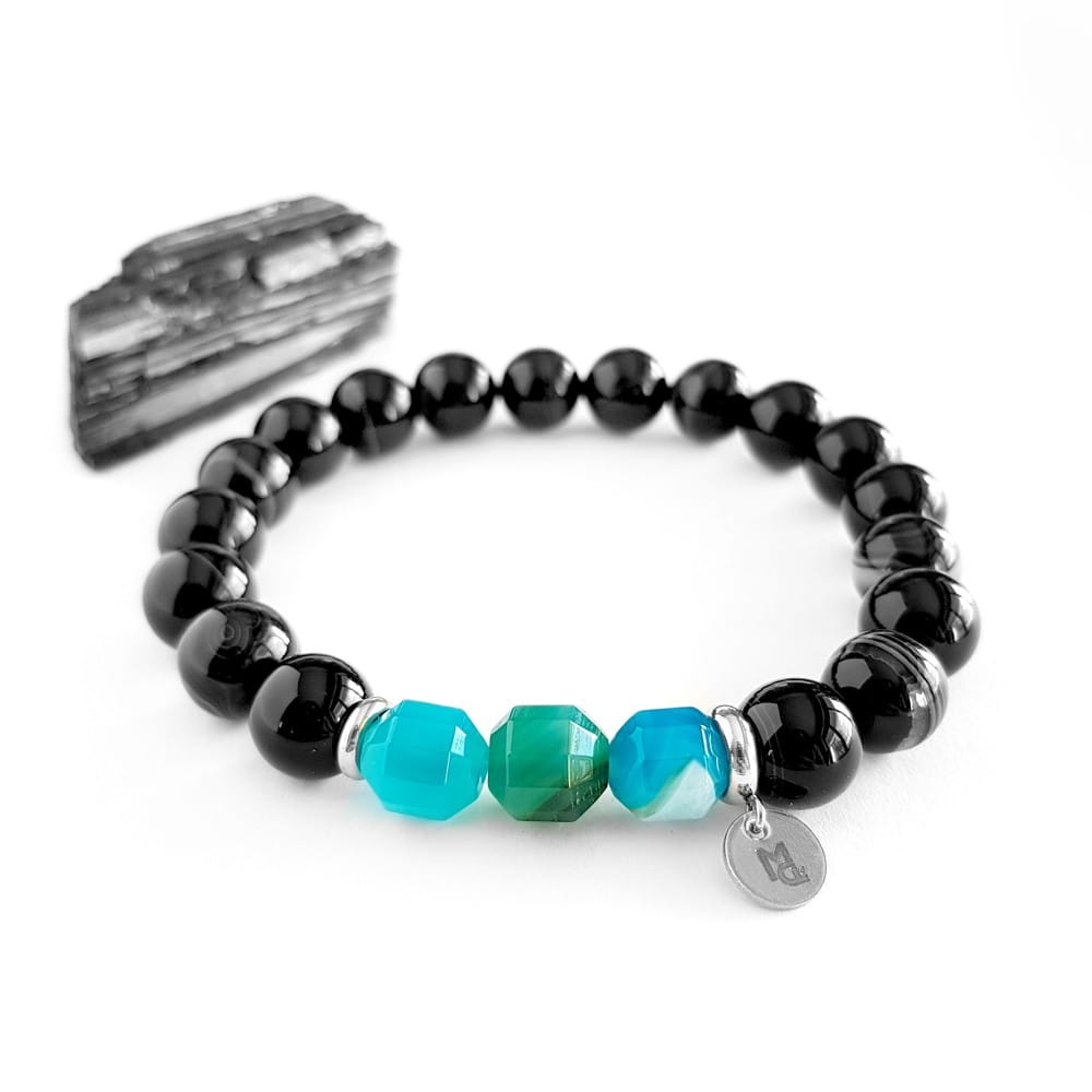 Męska bransoletka z kamieni naturalnych niebieski agat pasiasty, czarny agat pasiasty i stal chirurgiczna