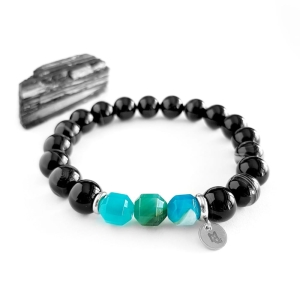 Męska bransoletka z kamieni naturalnych niebieski agat pasiasty, czarny agat pasiasty i stal chirurgiczna