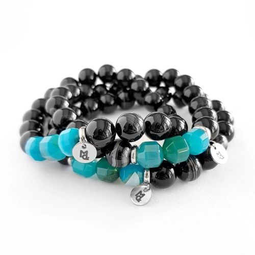 Męska bransoletka z kamieni naturalnych niebieski agat pasiasty, czarny agat pasiasty i stal chirurgiczna