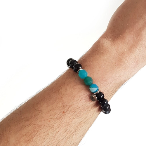 Męska bransoletka z kamieni naturalnych niebieski agat pasiasty, czarny agat pasiasty i stal chirurgiczna