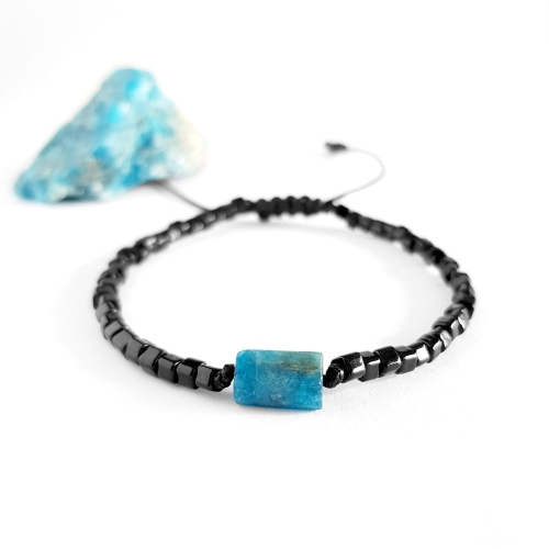 Męska bransoletka na sznurku niebieski apatyt Little apatite cylinder polished black