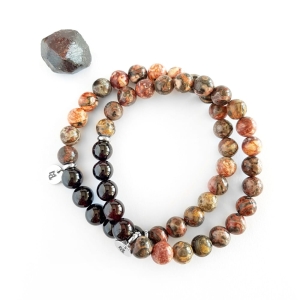 Męska bransoletka z kamieni naturalnych granat, jaspis leopardzi i stal chirurgiczna