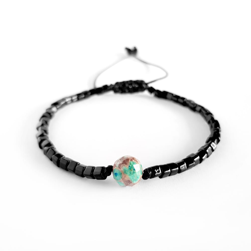 Męska bransoletka na sznurku chryzokola Little chrysocolla ball polished black