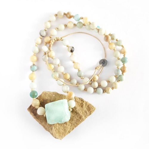 Męski naszyjnik fluoryt i amazonit na beżowym sznurku