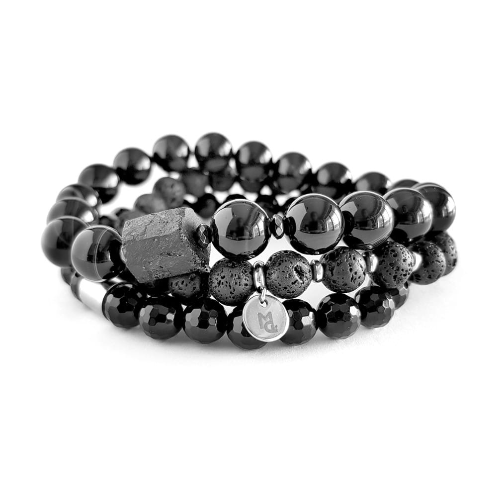 Zestaw bransoletek męskich czarny onyks, czarny turmalin, czarny agat i lawa wulkaniczna