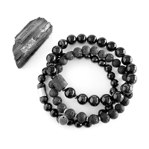 Zestaw bransoletek męskich czarny onyks, czarny turmalin, czarny agat i lawa wulkaniczna