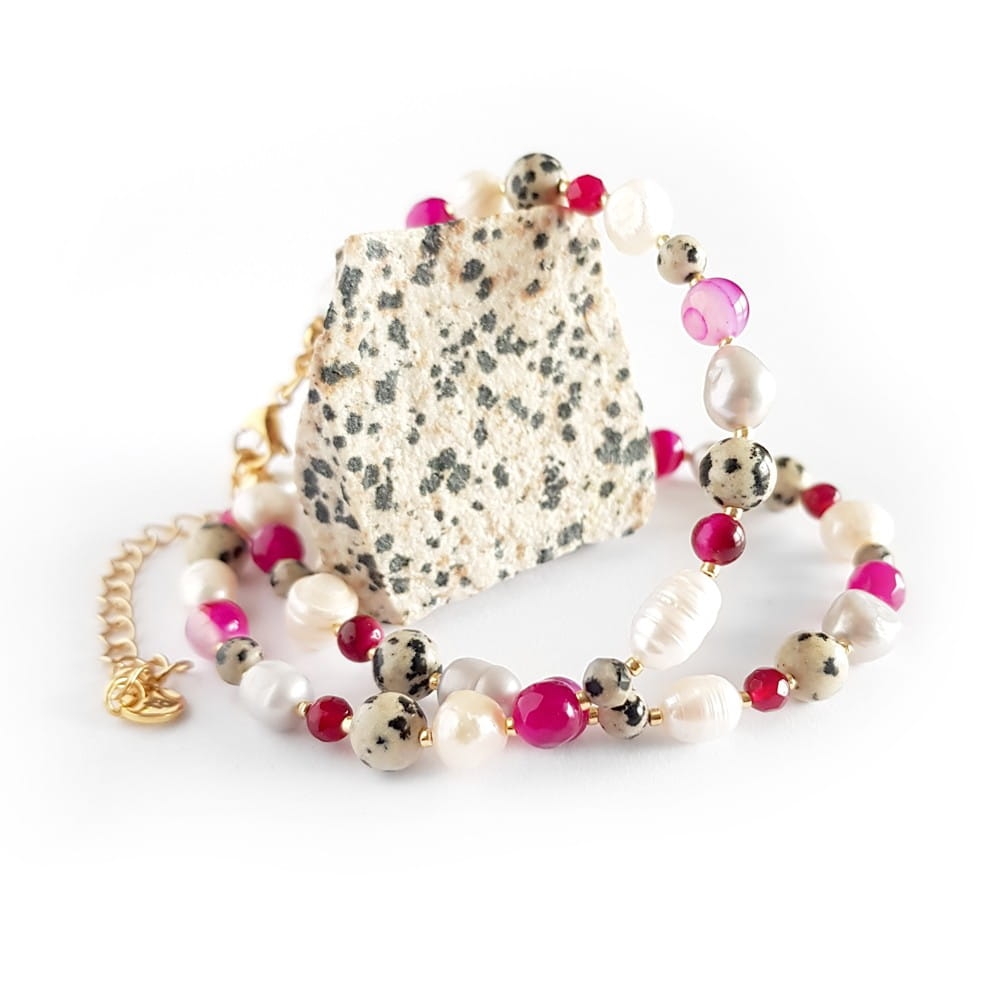 Naszyjnik choker unikat perły, jaspis dalmatyńczyk i różowe kamienie v.1