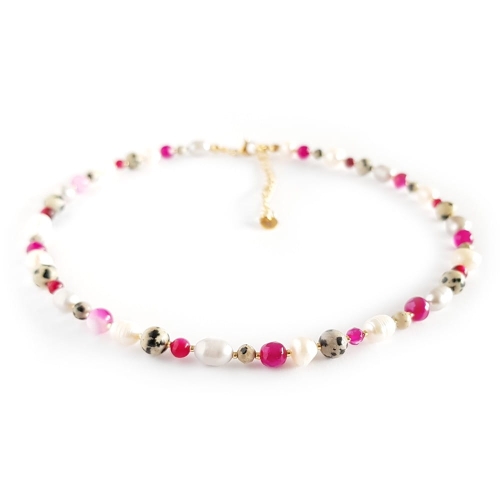 Naszyjnik choker unikat perły, jaspis dalmatyńczyk i różowe kamienie v.1