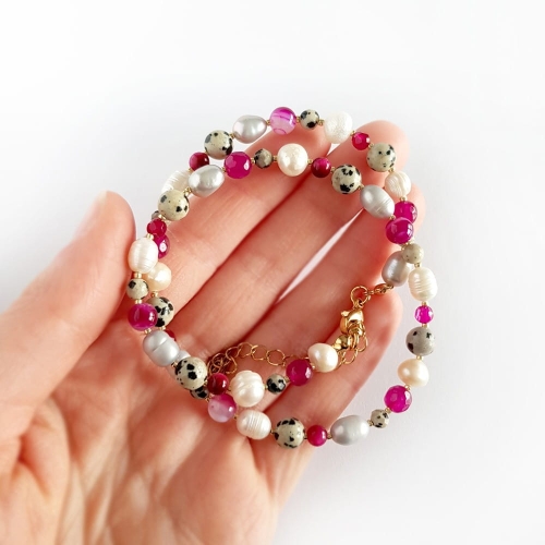 Naszyjnik choker unikat perły, jaspis dalmatyńczyk i różowe kamienie v.1