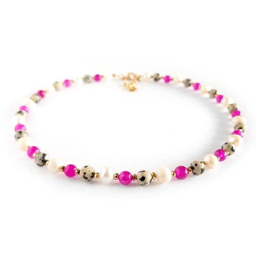 Naszyjnik choker unikat perły, jaspis dalmatyńczyk, różowy agat i hematyt v.2