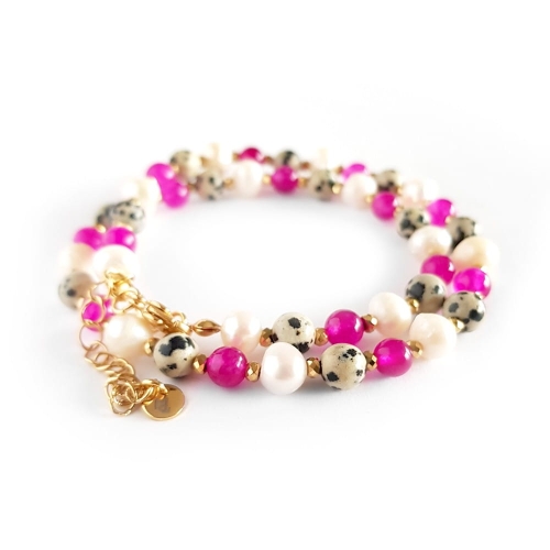 Naszyjnik choker unikat perły, jaspis dalmatyńczyk, różowy agat i hematyt v.2