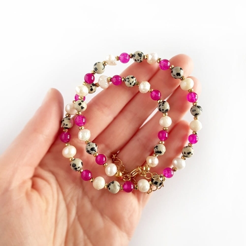 Naszyjnik choker unikat perły, jaspis dalmatyńczyk, różowy agat i hematyt v.2