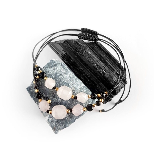 Bransoletka kwarc różowy, czarny turmalin i hematyt na czarnym sznurku