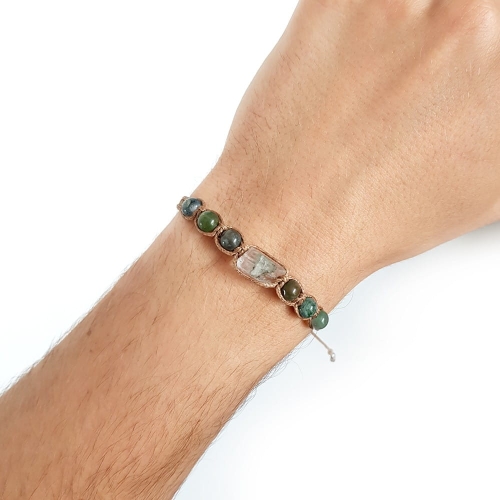 Męska bransoletka makramowa kwarc z chlorytem i agat indyjski