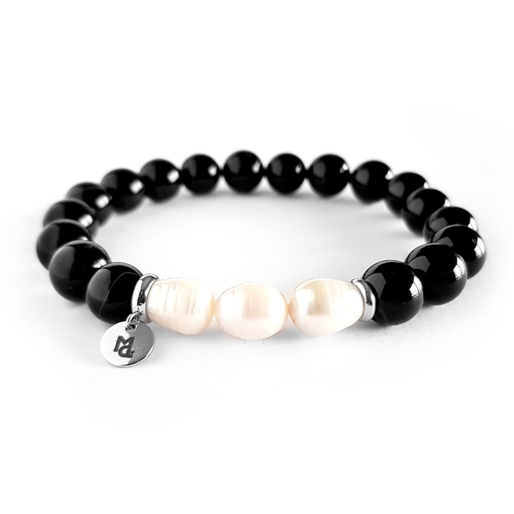 Męska bransoletka perły, czarny agat pasiasty i stal chirurgiczna