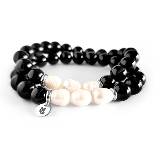 Męska bransoletka perły, czarny agat pasiasty i stal chirurgiczna