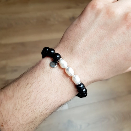 Męska bransoletka perły, czarny agat pasiasty i stal chirurgiczna