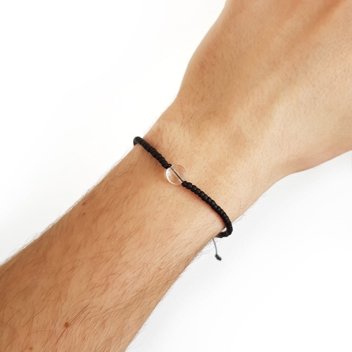 Męska bransoletka na sznurku kryształ górski Little crystal coin matte black