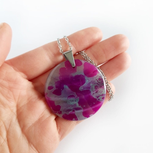 Naszyjnik unikat różowy agat medalion stal chirurgiczna