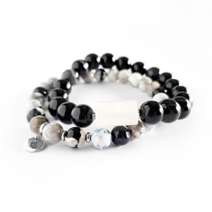 Zestaw bransoletek męskich czarny agat pasiasty, agat panda i kryształ górski