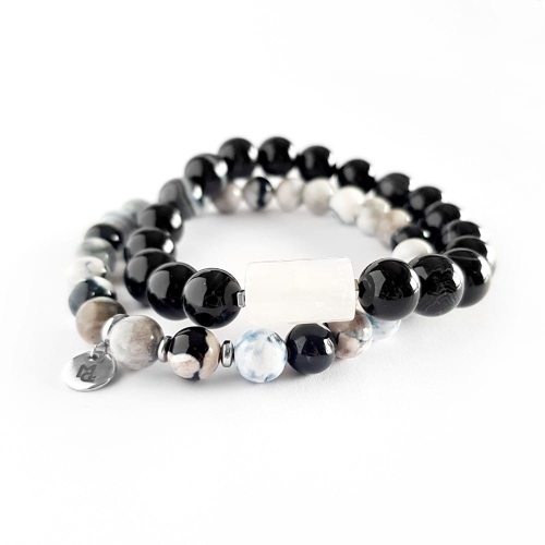 Zestaw bransoletek męskich czarny agat pasiasty, agat panda i kryształ górski