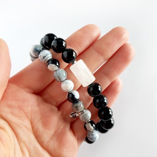 Zestaw bransoletek męskich czarny agat pasiasty, agat panda i kryształ górski