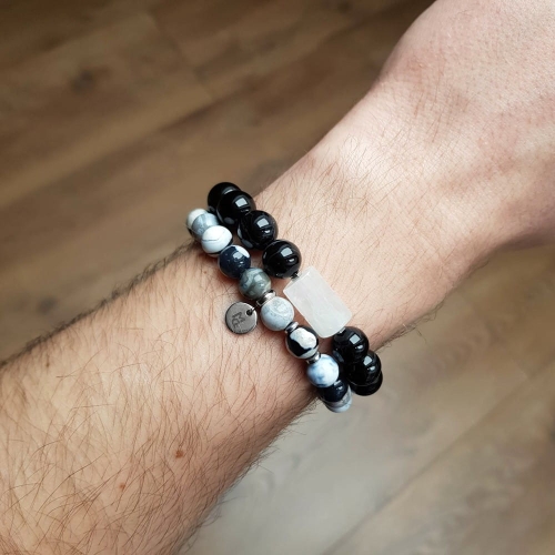 Zestaw bransoletek męskich czarny agat pasiasty, agat panda i kryształ górski