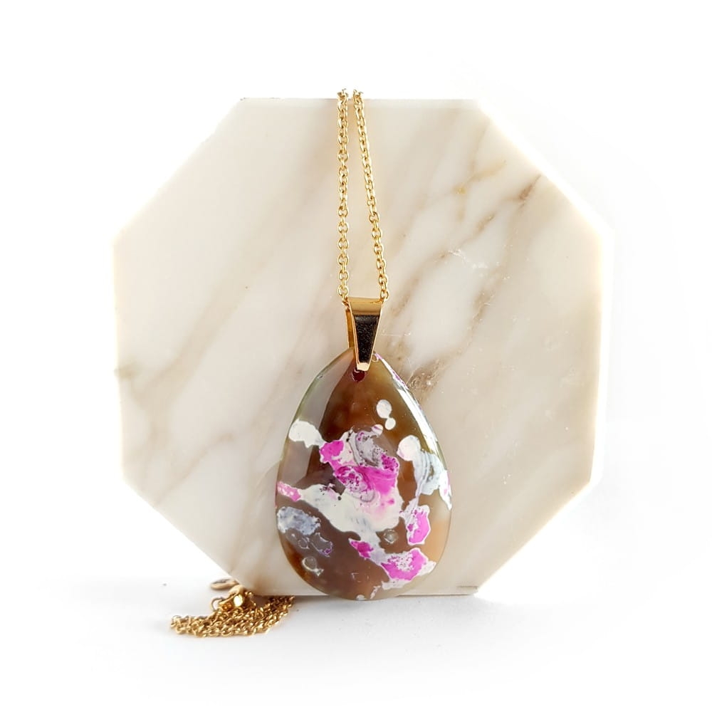Naszyjnik unikat kolorowy agat kropla złota stal chirurgiczna