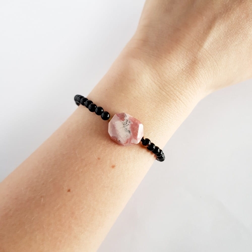 Bransoletka rodonit, czarny agat pasiasty i hematyt