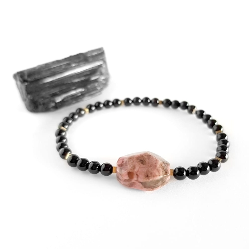 Bransoletka rodonit, czarny agat pasiasty i hematyt