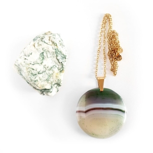 Naszyjnik unikat zielony agat pasiasty medalion stal chirurgiczna