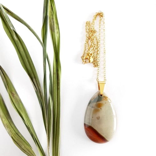 Naszyjnik unikat jaspis polichromowy kropla złota stal chirurgiczna
