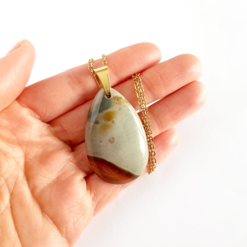 Naszyjnik unikat jaspis polichromowy kropla złota stal chirurgiczna