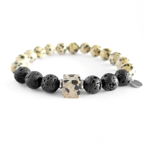 Męska bransoletka z kamieni naturalnych jaspis dalmatyńczyk i lawa wulkaniczna