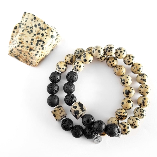 Męska bransoletka z kamieni naturalnych jaspis dalmatyńczyk i lawa wulkaniczna