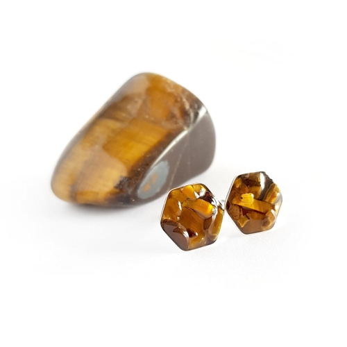 Kolczyki sztyfty heksagony tygrysie oko w żywicy srebro p.925 Sparkles black