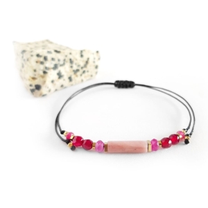 Bransoletka rodonit, agat, różowy turmalin i hematyt na czarnym sznurku