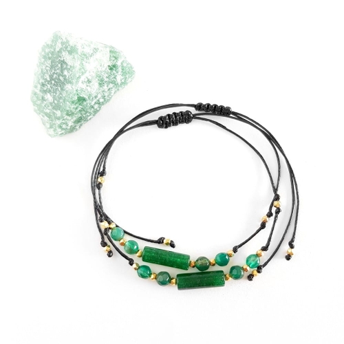 Bransoletka zielony kwarc, zielony agat i hematyt na czarnym sznurku
