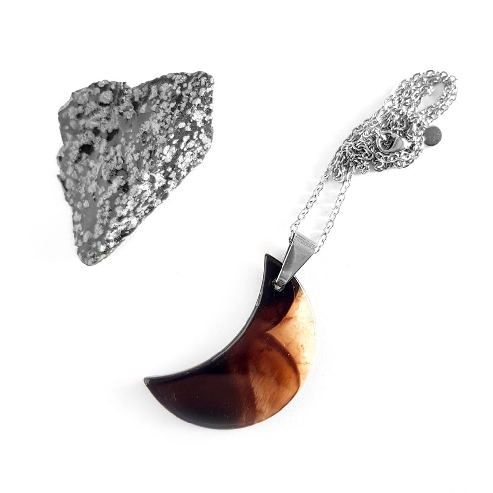 Naszyjnik unikat księżyc czarny agat z kwarcem na srebrnym łańcuszku stal chirurgiczna