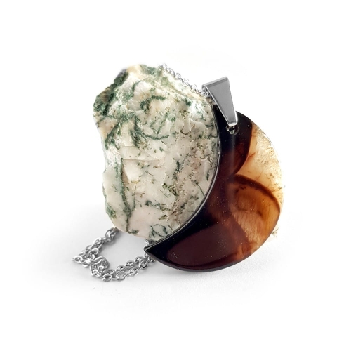 Naszyjnik unikat księżyc czarny agat z kwarcem na srebrnym łańcuszku stal chirurgiczna